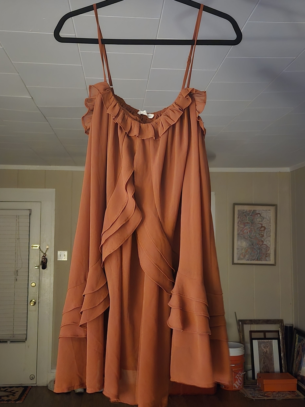 12th Tribe Rust Ruffle-Trim Spaghetti Strap Midi Dress